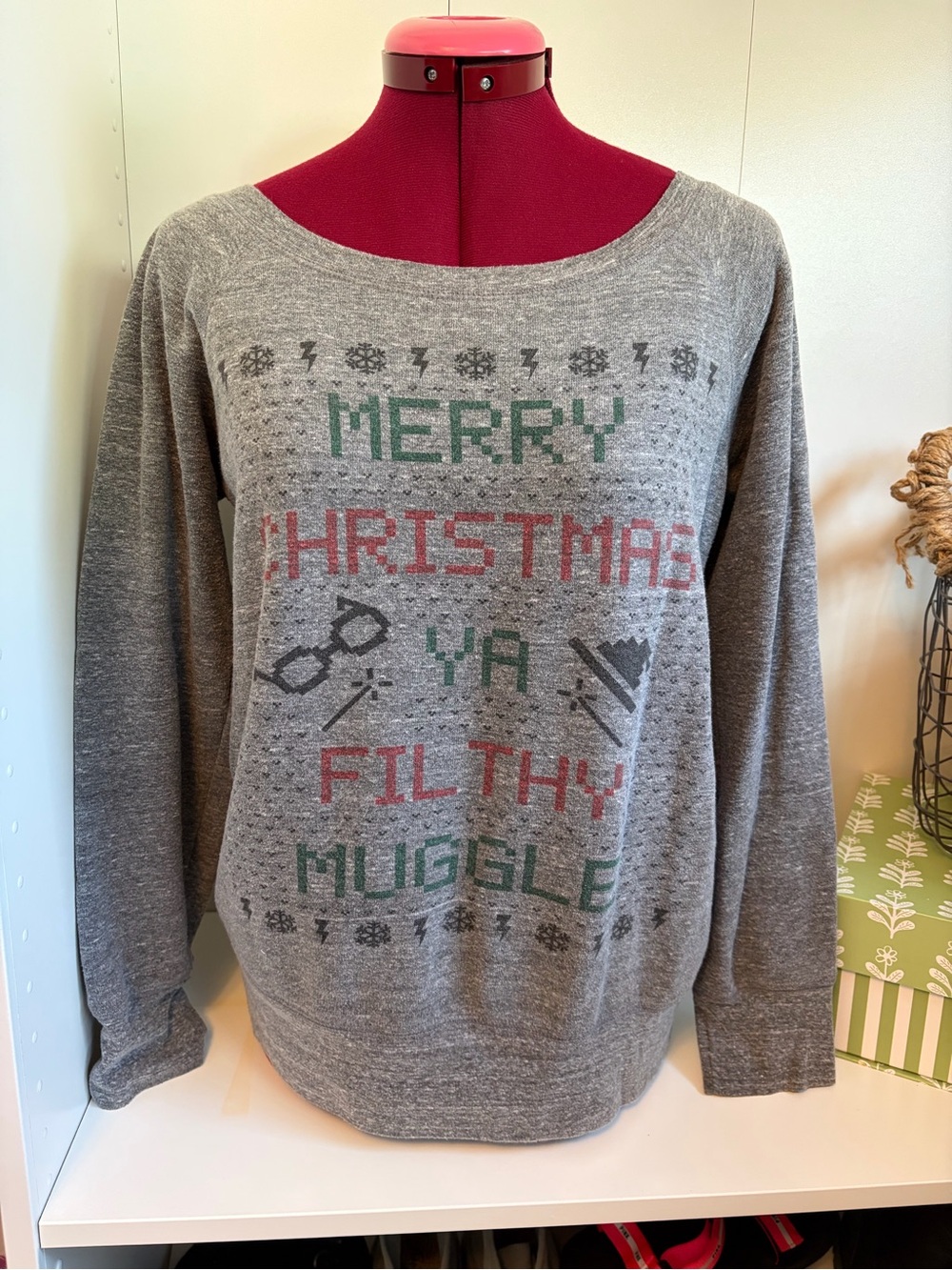 Women's Gray Scoop Neck Holiday Christmas “Ugly” Graphic Sweater - Harry Potter